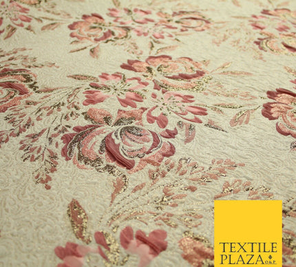 Dusty Pink Cream Ornate Mix Floral Swirls Metallic Textured Brocade Fabric 7173