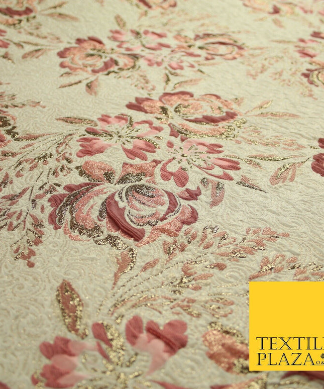 Dusty Pink Cream Ornate Mix Floral Swirls Metallic Textured Brocade Fabric 7173