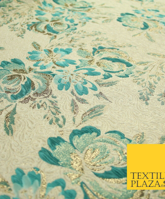 Cream Jade Teal Ornate Mix Floral Swirls Metallic Textured Brocade Fabric 7170