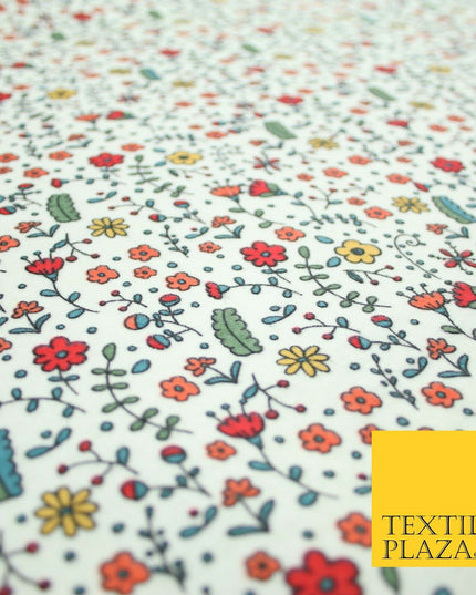 Ivory Colourful Artsy Floral Winceyette Brushed Polycotton Print Fabric 7177