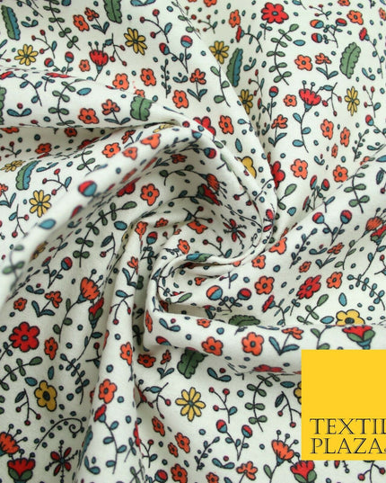 Ivory Colourful Artsy Floral Winceyette Brushed Polycotton Print Fabric 7177