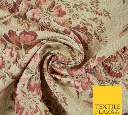 Dusty Pink Cream Ornate Mix Floral Swirls Metallic Textured Brocade Fabric 7173