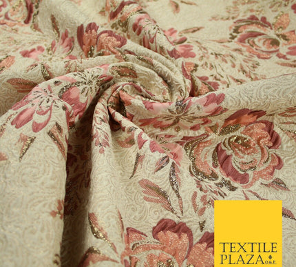 Dusty Pink Cream Ornate Mix Floral Swirls Metallic Textured Brocade Fabric 7173
