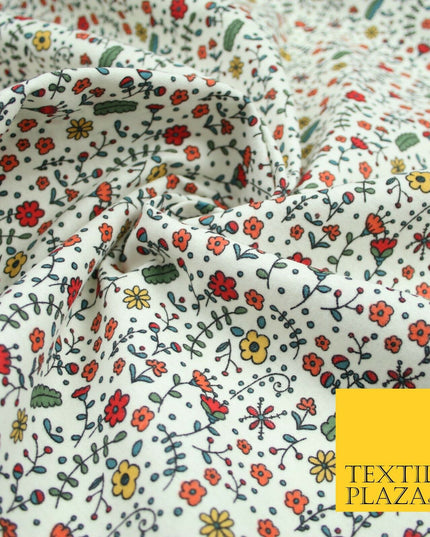 Ivory Colourful Artsy Floral Winceyette Brushed Polycotton Print Fabric 7177