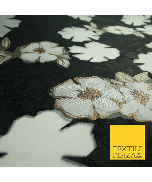 Black Falling Floral Pansy Metallic Gold Brocade Textured Organza Fabric 7174