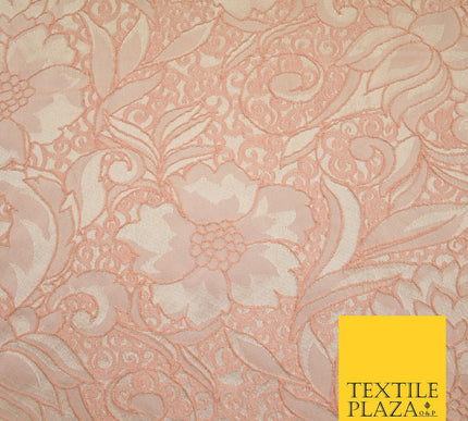 Peach Ornate Mix Floral Swirls Corded Textured Brocade Jacquard Fabric 7168