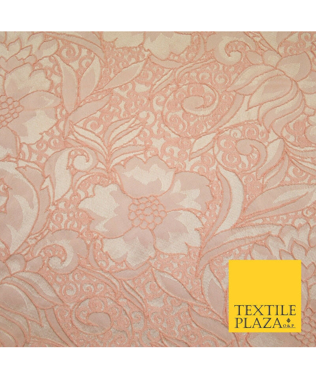 Peach Ornate Mix Floral Swirls Corded Textured Brocade Jacquard Fabric 7168