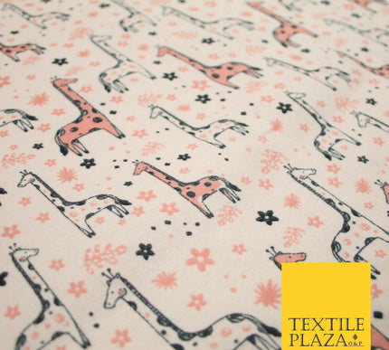 Light Pink Cheeky Giraffes Printed Brushed Polycotton Winceyette Fabric 7180