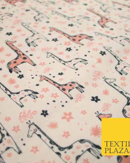 Light Pink Cheeky Giraffes Printed Brushed Polycotton Winceyette Fabric 7180