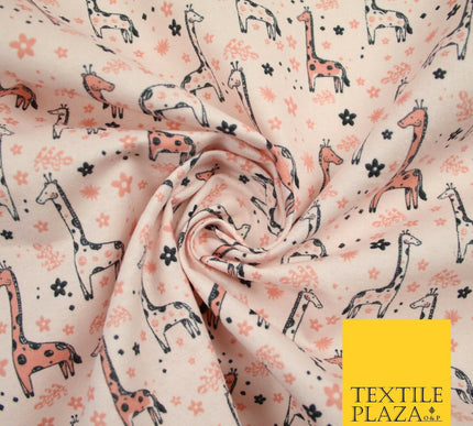 Light Pink Cheeky Giraffes Printed Brushed Polycotton Winceyette Fabric 7180