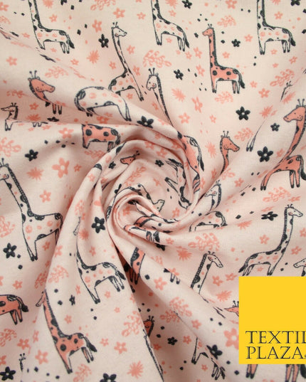 Light Pink Cheeky Giraffes Printed Brushed Polycotton Winceyette Fabric 7180