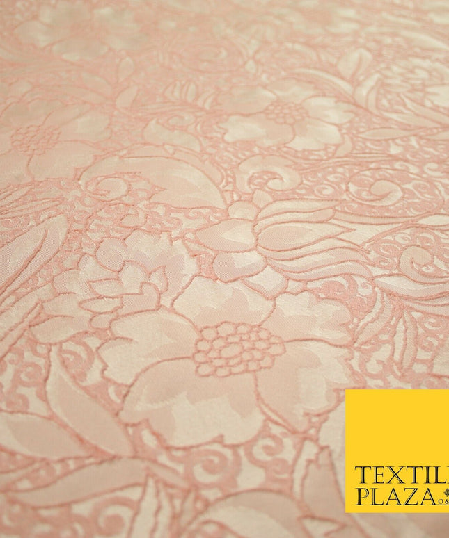 Peach Ornate Mix Floral Swirls Corded Textured Brocade Jacquard Fabric 7168