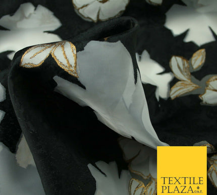 Black Falling Floral Pansy Metallic Gold Brocade Textured Organza Fabric 7174