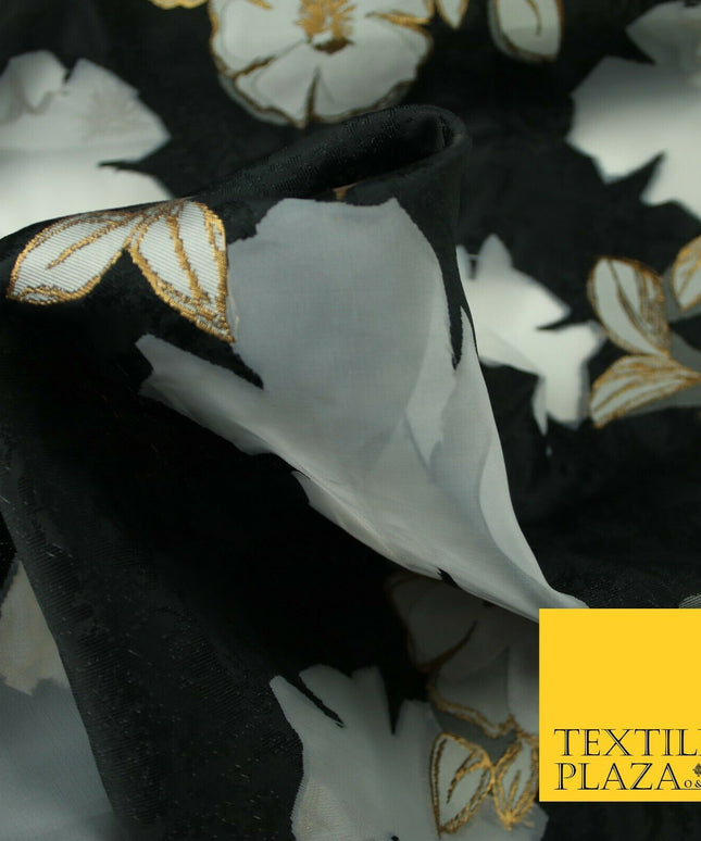 Black Falling Floral Pansy Metallic Gold Brocade Textured Organza Fabric 7174