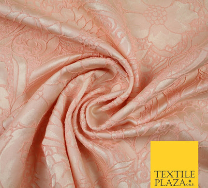 Peach Ornate Mix Floral Swirls Corded Textured Brocade Jacquard Fabric 7168
