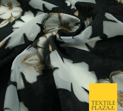 Black Falling Floral Pansy Metallic Gold Brocade Textured Organza Fabric 7174