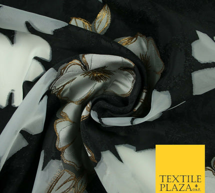 Black Falling Floral Pansy Metallic Gold Brocade Textured Organza Fabric 7174