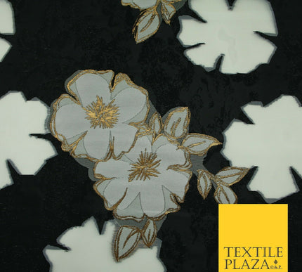 Black Falling Floral Pansy Metallic Gold Brocade Textured Organza Fabric 7174
