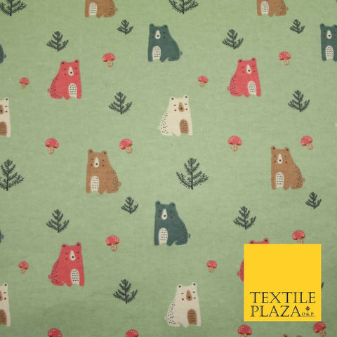 Sage Green Forest Bears Mushroom Brushed Polycotton Winceyette Print Fabric 7182