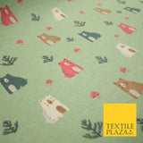 Sage Green Forest Bears Mushroom Brushed Polycotton Winceyette Print Fabric 7182