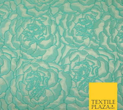 Mint Aqua Corded All Over Cluster Floral Roses Textured Brocade Fabric 7167