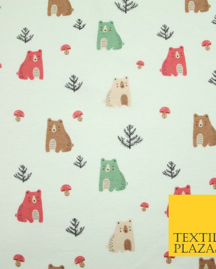 Ivory Forest Bears Mushrooms Printed Brushed Polycotton Winceyette Fabric 7181