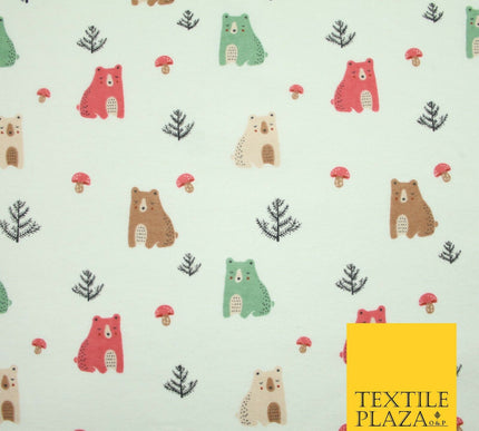 Ivory Forest Bears Mushrooms Printed Brushed Polycotton Winceyette Fabric 7181