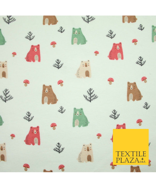 Ivory Forest Bears Mushrooms Printed Brushed Polycotton Winceyette Fabric 7181