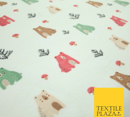 Ivory Forest Bears Mushrooms Printed Brushed Polycotton Winceyette Fabric 7181