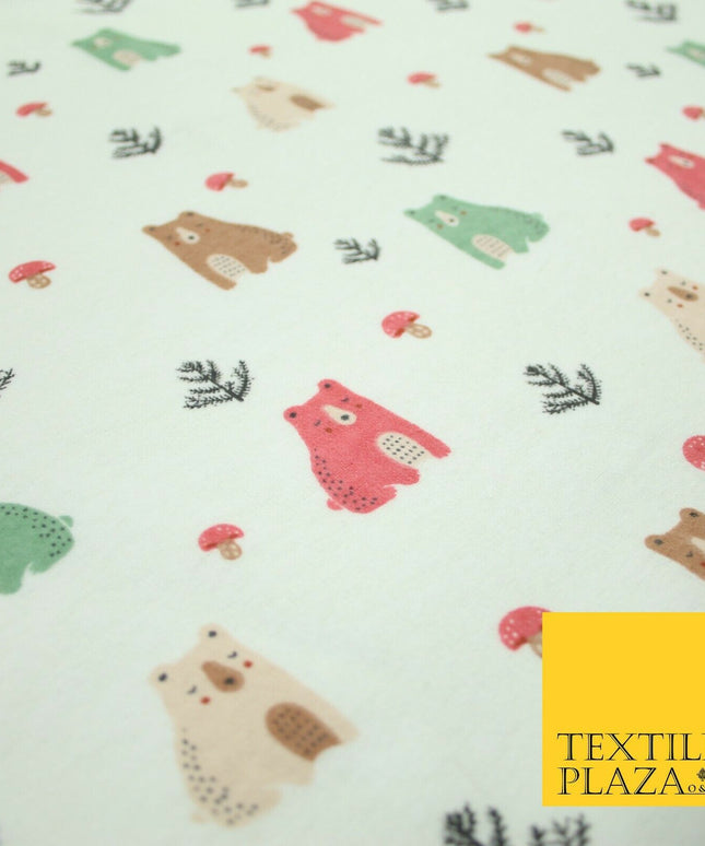 Ivory Forest Bears Mushrooms Printed Brushed Polycotton Winceyette Fabric 7181