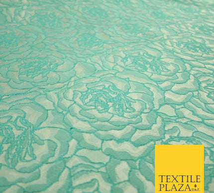 Mint Aqua Corded All Over Cluster Floral Roses Textured Brocade Fabric 7167