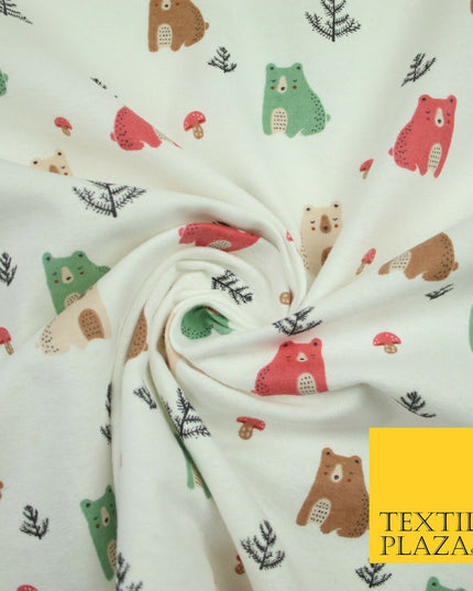 Ivory Forest Bears Mushrooms Printed Brushed Polycotton Winceyette Fabric 7181