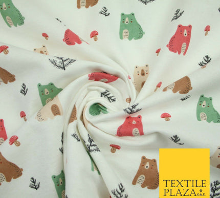 Ivory Forest Bears Mushrooms Printed Brushed Polycotton Winceyette Fabric 7181