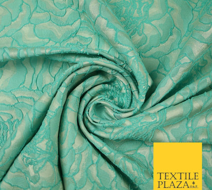 Mint Aqua Corded All Over Cluster Floral Roses Textured Brocade Fabric 7167
