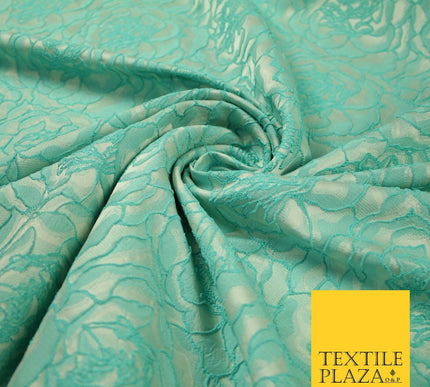 Mint Aqua Corded All Over Cluster Floral Roses Textured Brocade Fabric 7167