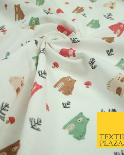 Ivory Forest Bears Mushrooms Printed Brushed Polycotton Winceyette Fabric 7181