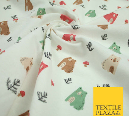 Ivory Forest Bears Mushrooms Printed Brushed Polycotton Winceyette Fabric 7181