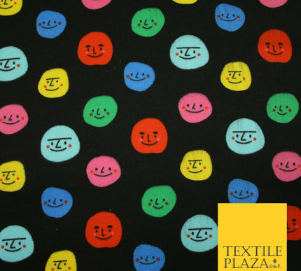 Black Colourful Smiley Faces Brushed Polycotton Winceyette Printed Fabric 7183