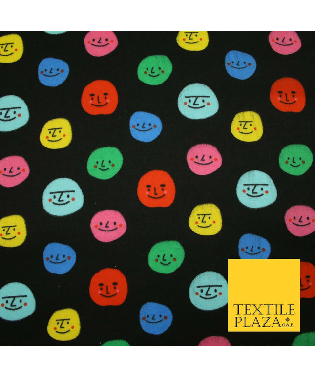 Black Colourful Smiley Faces Brushed Polycotton Winceyette Printed Fabric 7183