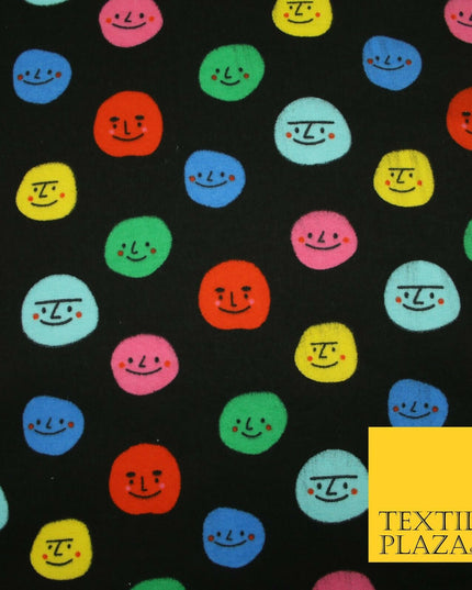 Black Colourful Smiley Faces Brushed Polycotton Winceyette Printed Fabric 7183