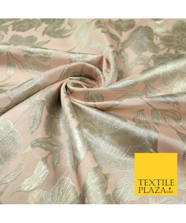 Light Peach Gold Wildflower Thistle Floral Metallic Textured Brocade Fabric 7162