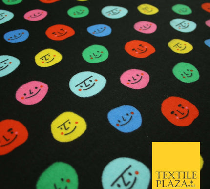 Black Colourful Smiley Faces Brushed Polycotton Winceyette Printed Fabric 7183