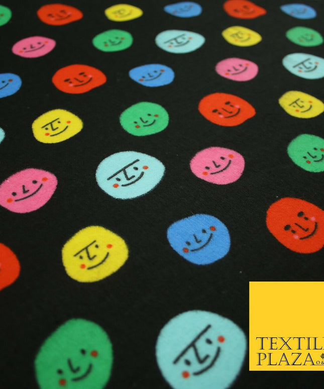 Black Colourful Smiley Faces Brushed Polycotton Winceyette Printed Fabric 7183