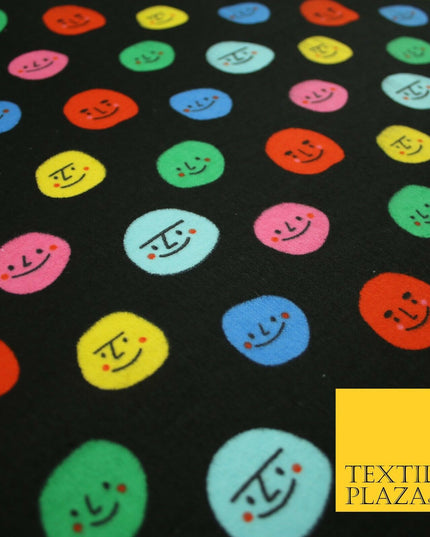 Black Colourful Smiley Faces Brushed Polycotton Winceyette Printed Fabric 7183