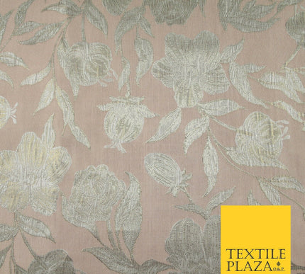 Light Peach Gold Wildflower Thistle Floral Metallic Textured Brocade Fabric 7162