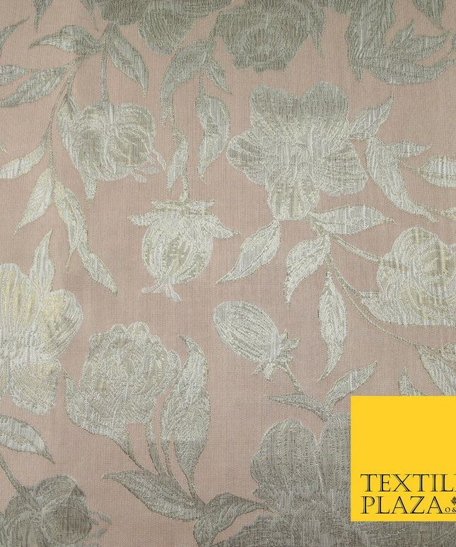 Light Peach Gold Wildflower Thistle Floral Metallic Textured Brocade Fabric 7162