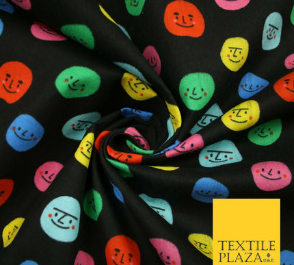 Black Colourful Smiley Faces Brushed Polycotton Winceyette Printed Fabric 7183