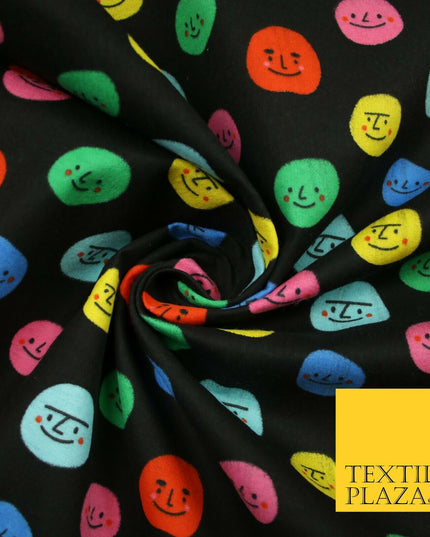 Black Colourful Smiley Faces Brushed Polycotton Winceyette Printed Fabric 7183