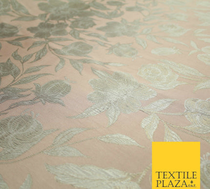 Light Peach Gold Wildflower Thistle Floral Metallic Textured Brocade Fabric 7162