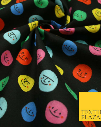 Black Colourful Smiley Faces Brushed Polycotton Winceyette Printed Fabric 7183